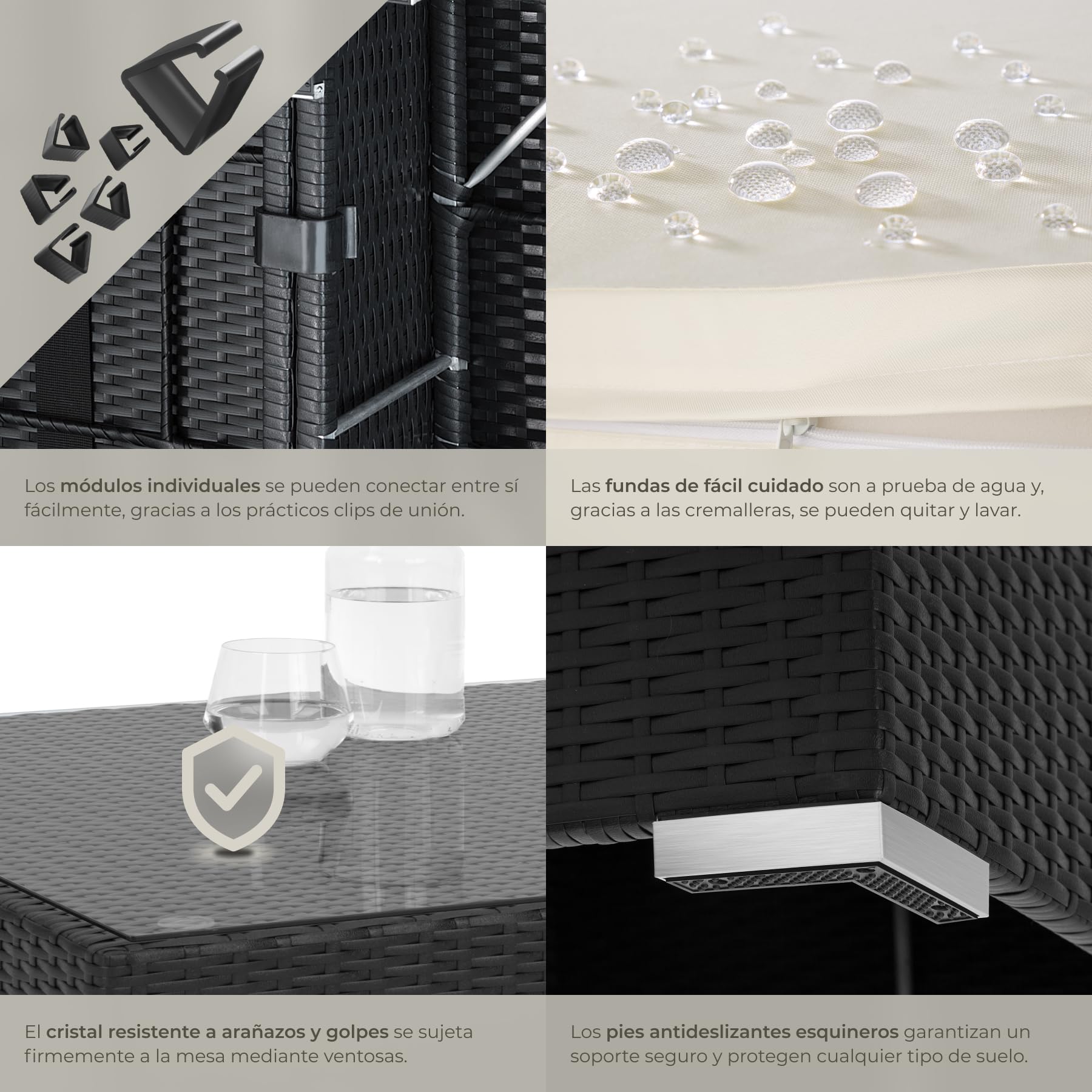 tectake® Conjunto Jardín de Ratán y Aluminio con Cojines (+4 Adicionales), Conjunto Terraza Resistente a la Intemperie y Combinable, Muebles Jardín Exterior 6 Sillones, 1 Puf, 1 Mesa Cristal - Negro