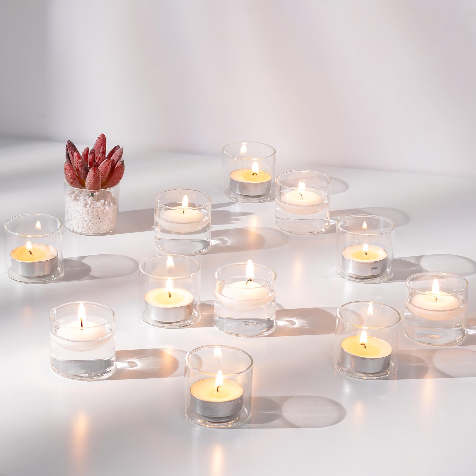 NUPTIO Lot de 24 bougeoirs votifs en verre transparent – Mini bougeoir flottant pour Noël, Thanksgiving, centre de table, décoration d'intérieur (4,6 x 4 cm)