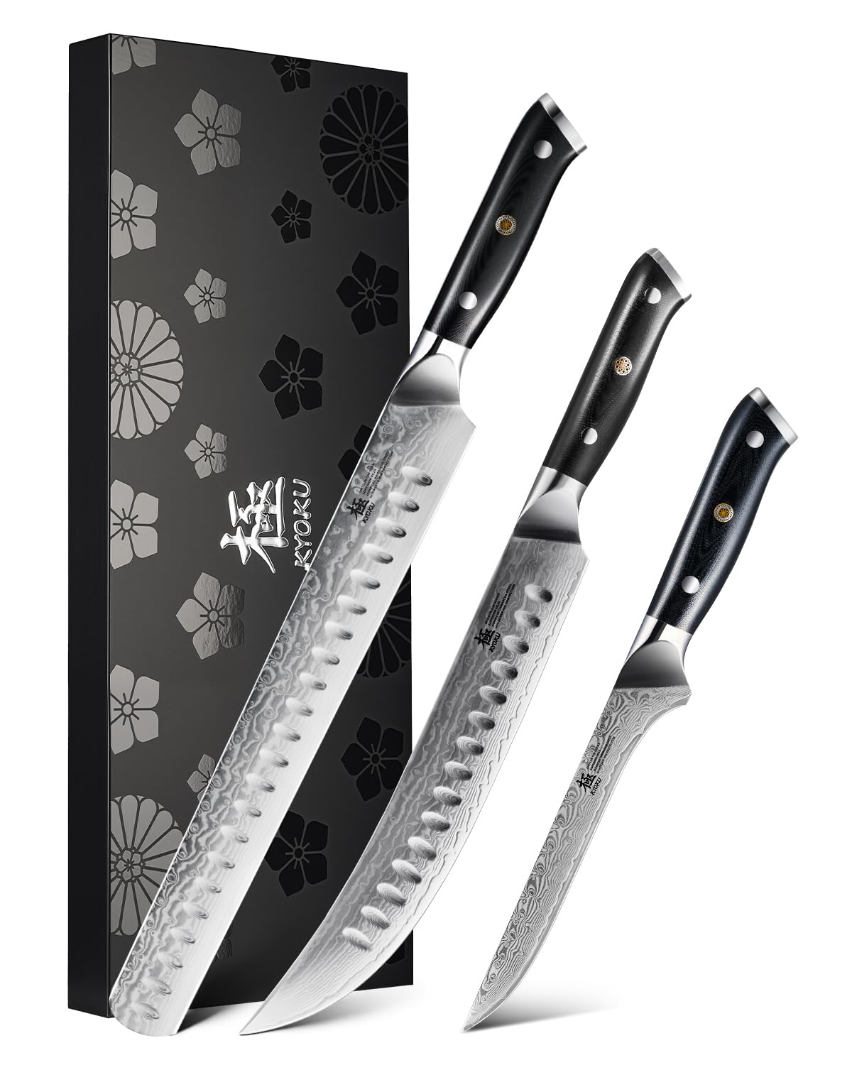 Photo 1 of KYOKU 3pcs Japanese Knife Set for Meat Cutting,Damascus Kitchen Butcher Knife Set for Brisket Carving,Sharp VG10 Steel 7" Boning+12" Slicing+10" Cimitar,UPGRADED Silver Ion Coated Breaking BBQ Slicer