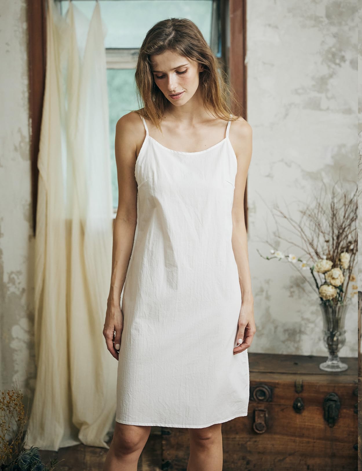 BEAUTELICATE Sottoveste Donna Cotone Lavato Corto Sottoveste con Spalline Larghe Camicia da Notte Pigiama Senza Maniche Corta Estiva Sleepwear per Casa e Casuale