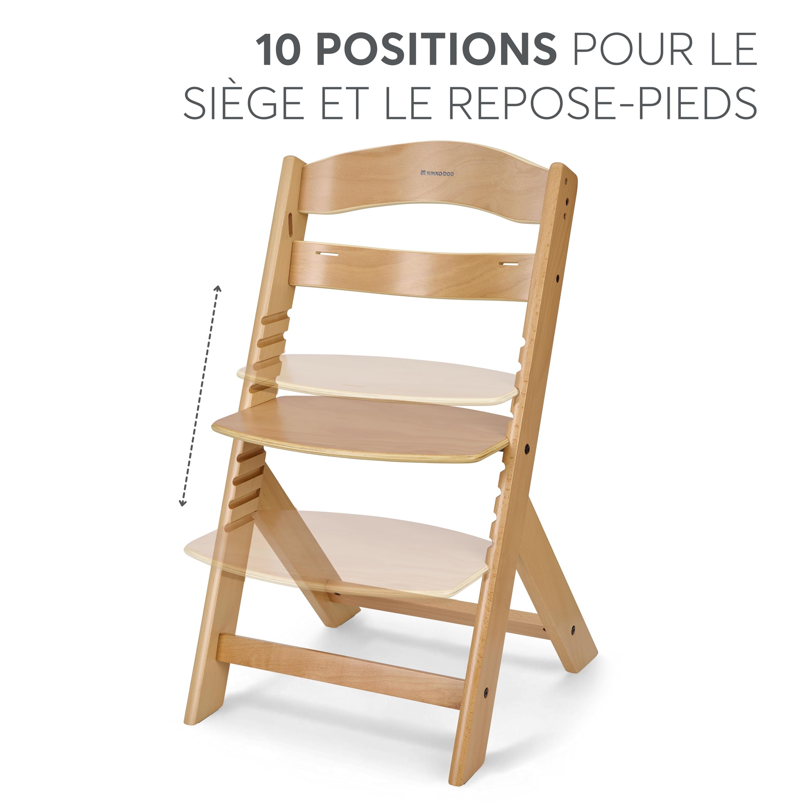 KikkaBoo Chaise Haute Bébé Évolutive en Bois NORDY, Bois de Hêtre, Réglable jusqu’à 35 kg, Plateau Amovible, Siège et Repose-Pieds Réglables, Harnais 3 Points, Bois