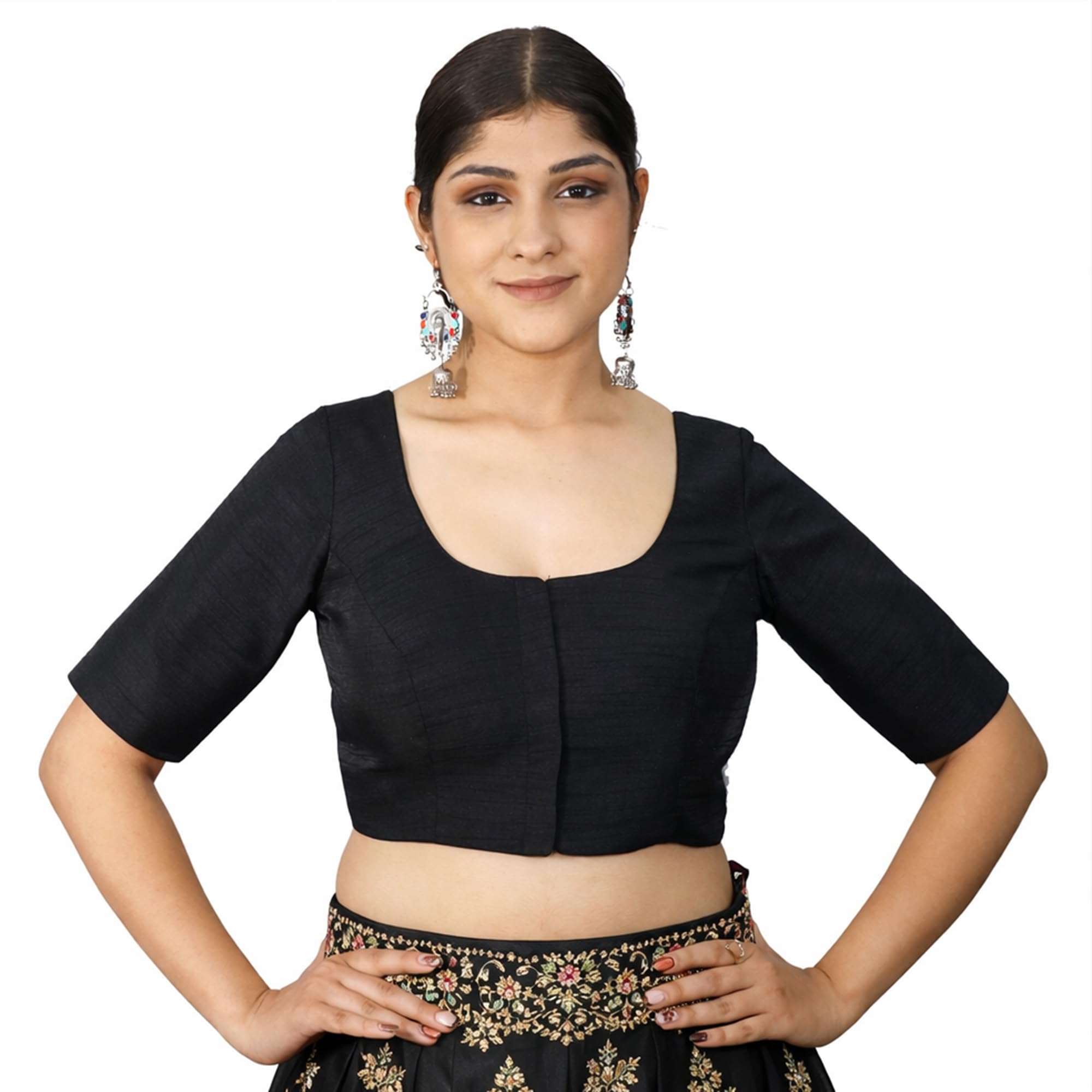 Women's Round Neck Saree Blouse | Front Open Non Padded | Elbow Length Sleeves | Ready to Wear Blouse-picture-42