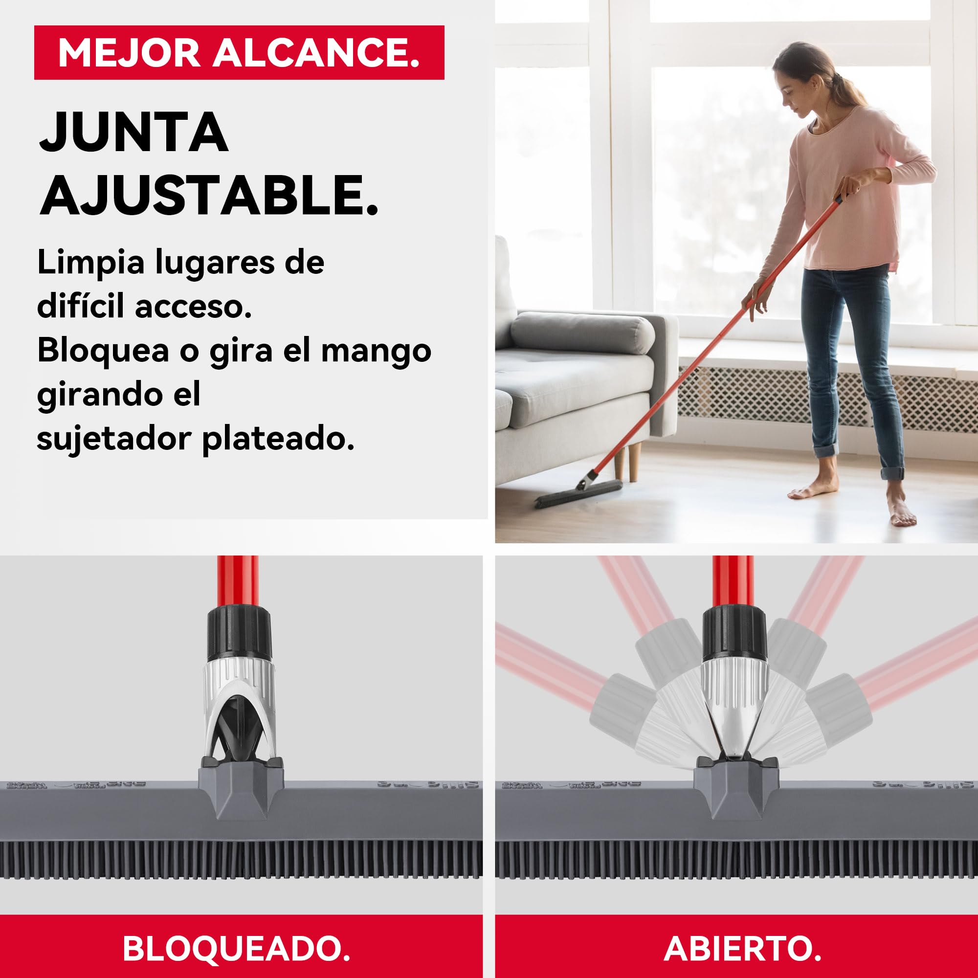 Tyroler Escoba de Goma para Suelo y Haragán 2 en 1 | 40 cm Cabezal de Silicona 100% | 140 cm Mango de Aluminio de 4 Piezas para Escoba de Silicona | Escobas Silicone Suelo