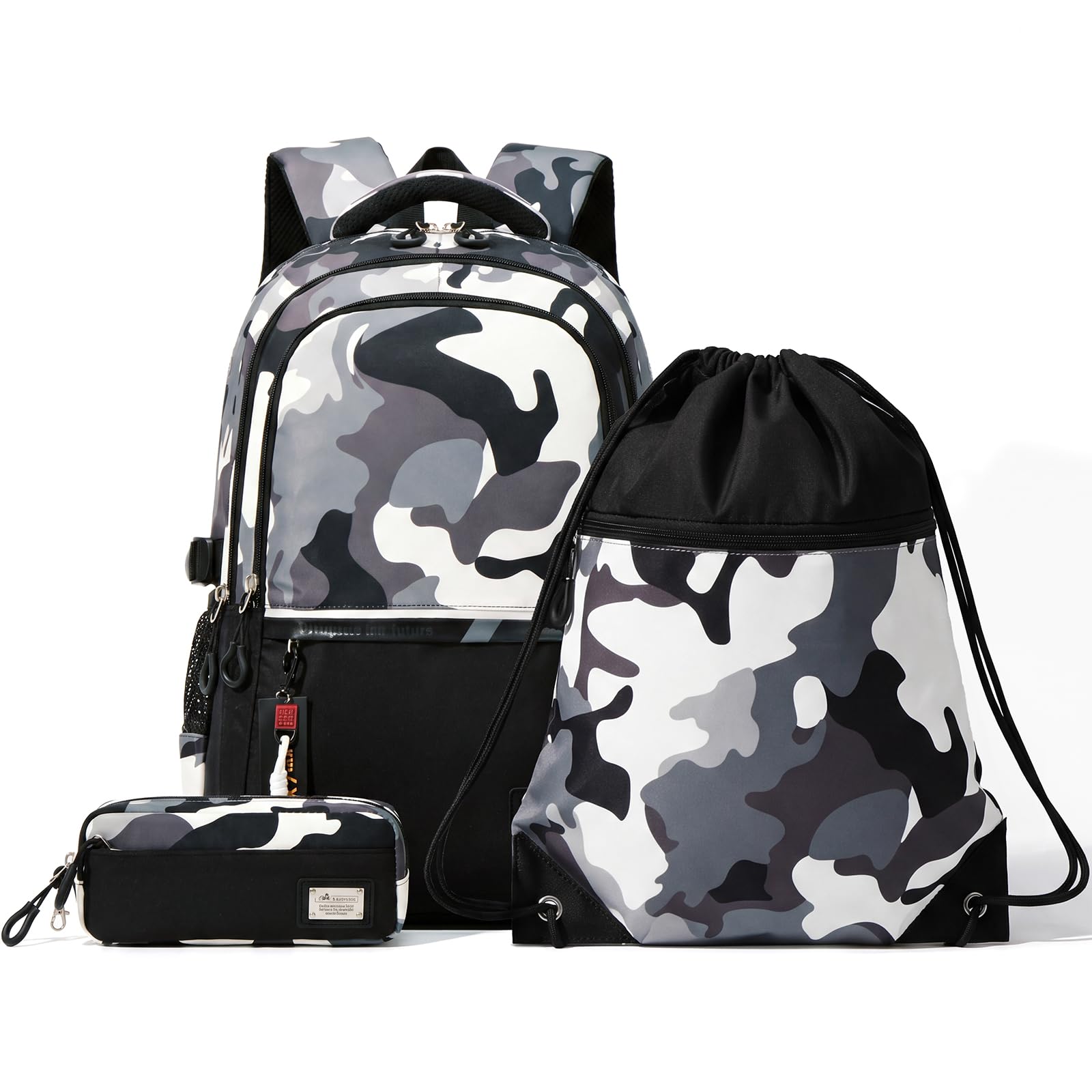 Amythe Schulrucksack-Set Jungen – 3-teilig ab Klasse 5, zum Schulanfang | Set: Rucksack Teenager + Drawstring-Bag + Federmäppchen. Leicht (650g). Wasserabweisend. 15,6" Laptopfach. Trolley-kompatibel