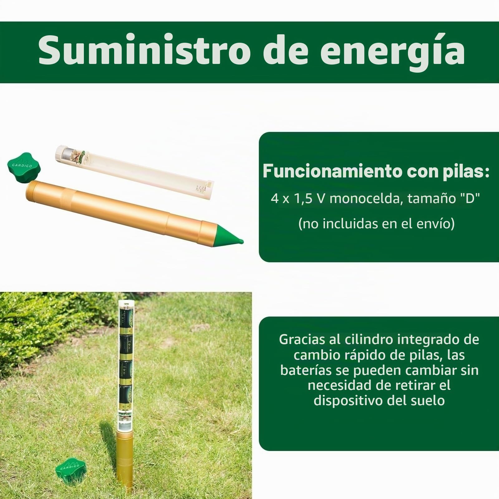 GARDIGO® Ahuyentador de Topos con Motor de Vibración - Juego de 2 | Aprox. 1250 m² | Anti Topos | Frecuencias Alternas | Repelente de Topos a Pilas Potente | Ahuyentador para Jardín Control de Plagas | Repelente antitopos con motor de vibración, frecuenci