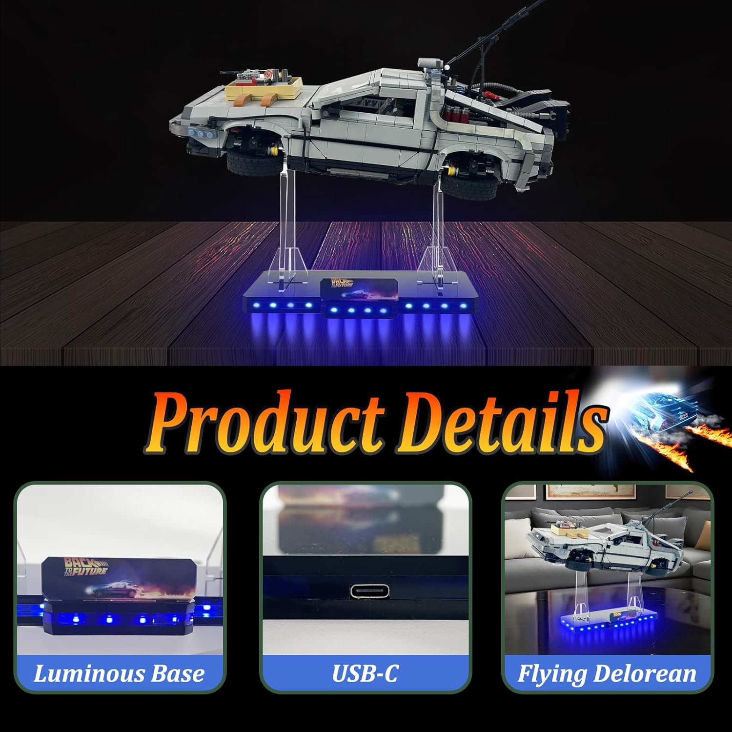 Acrylic LED Blue Light Stand for Lego 10300 Delorean Back to The Future - 5mm Ultra-Thick Base with Blue LED Lighting (Type-C), Exclusive Time Machine Display Stand (Model NOT Included)