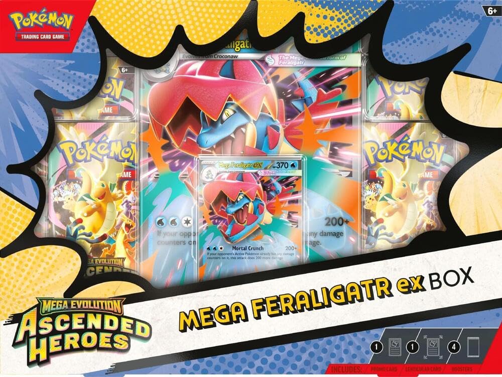 Pokemon Ascended Heroes EX Box (4 Mega Evolution Ascended Heroes Booster Packs, 1 Foil Card &amp; 1 Oversized Lenticular Card) (Mega Feraligatr)