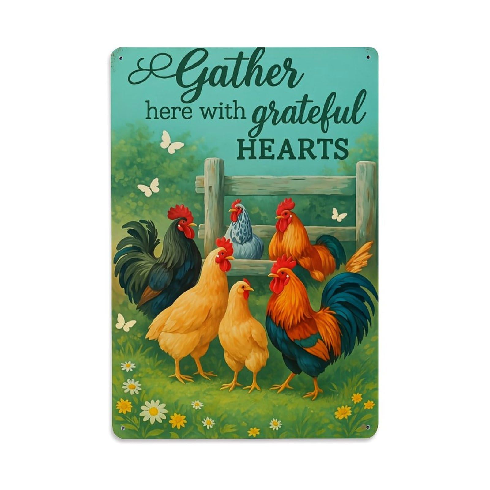 Chickens Butterflies Flowers Fence Roosters Retro Metal Tin Sign, Vintage Decor Art Poster for Bar, Home, Man Cave, Kitchen, Laundry Room Gift 8x12Inch