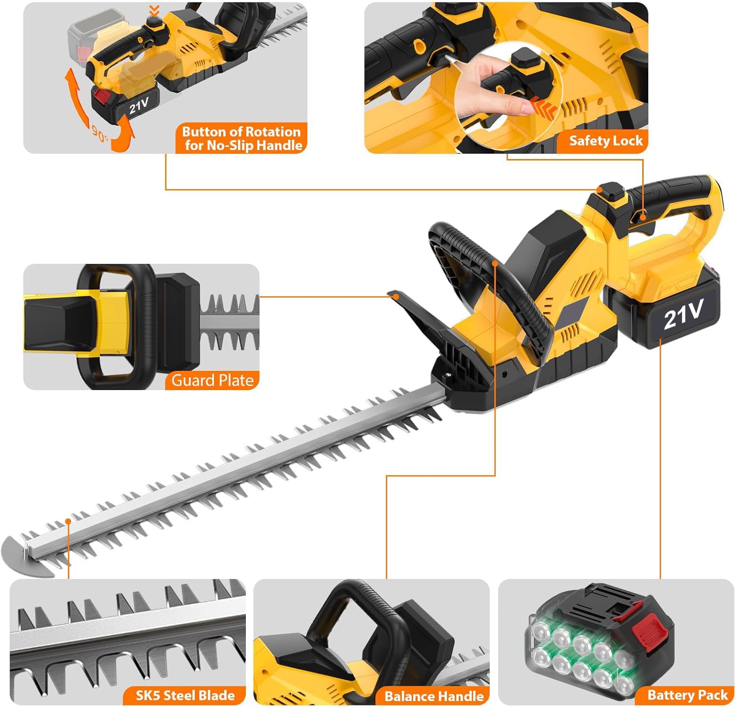 Tamaño Seto Batería,Cortasetos Inalámbrico De 21 V | con Batería De 2000 Mah Y Cargador Rápido,Velocidad De 2000 RPM,Doble Cuchilla De Corte, para Arbustos, Jardín, Césped