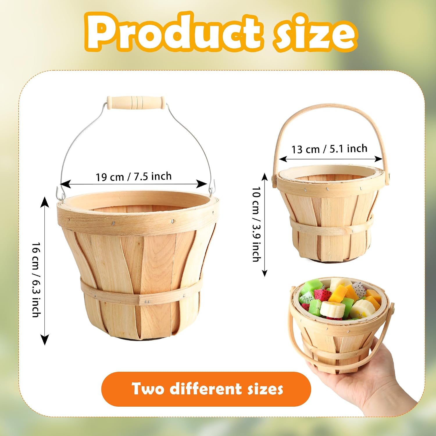 6 Pcs Round Wooden Baskets Rustic Wood Fruit Baskets with Handle for Display Storage Vegetables Farmhouse Decor Wedding Party Supplies, 2 Size