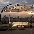 10' x 10' Heavy Duty Cantilever Patio Umbrella with Solar LED Lights & Weighted Base, 2-Tier Square Aluminum Offset Outdoor Umbrella with 360-Degree Rotation for Backyard, Deck, Pool, Tan