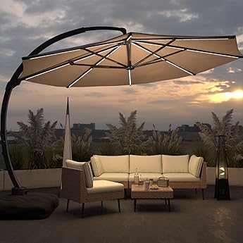 10' x 10' Heavy Duty Cantilever Patio Umbrella with Solar LED Lights & Weighted Base, 2-Tier Square Aluminum Offset Outdoor Umbrella with 360-Degree Rotation for Backyard, Deck, Pool, Tan