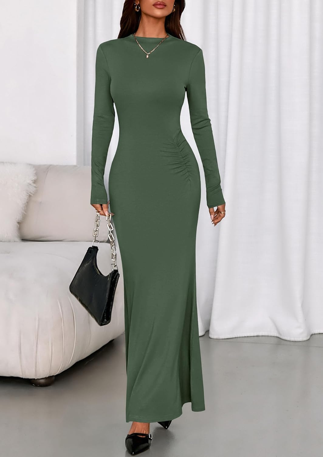 PRETTYGARDEN Fall Dresses for Women 2026 Long Sleeve Bodycon Mock Neck Ruched Maxi Formal Cocktail Wedding Guest Dress - Image 3