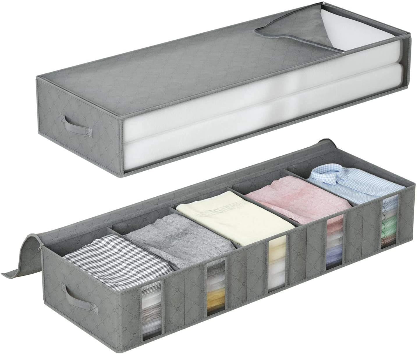  DIMJ 2 St&uuml;ck Unterbettkommode, Aufbewahrungstasche mit Abnehmbare Trennwand und sichtfenster, Faltbare Unterbett Aufbewahrungstasche F&uuml;r Bettdecken, Decken, Kleidung, Steppdecken (Grau) 
