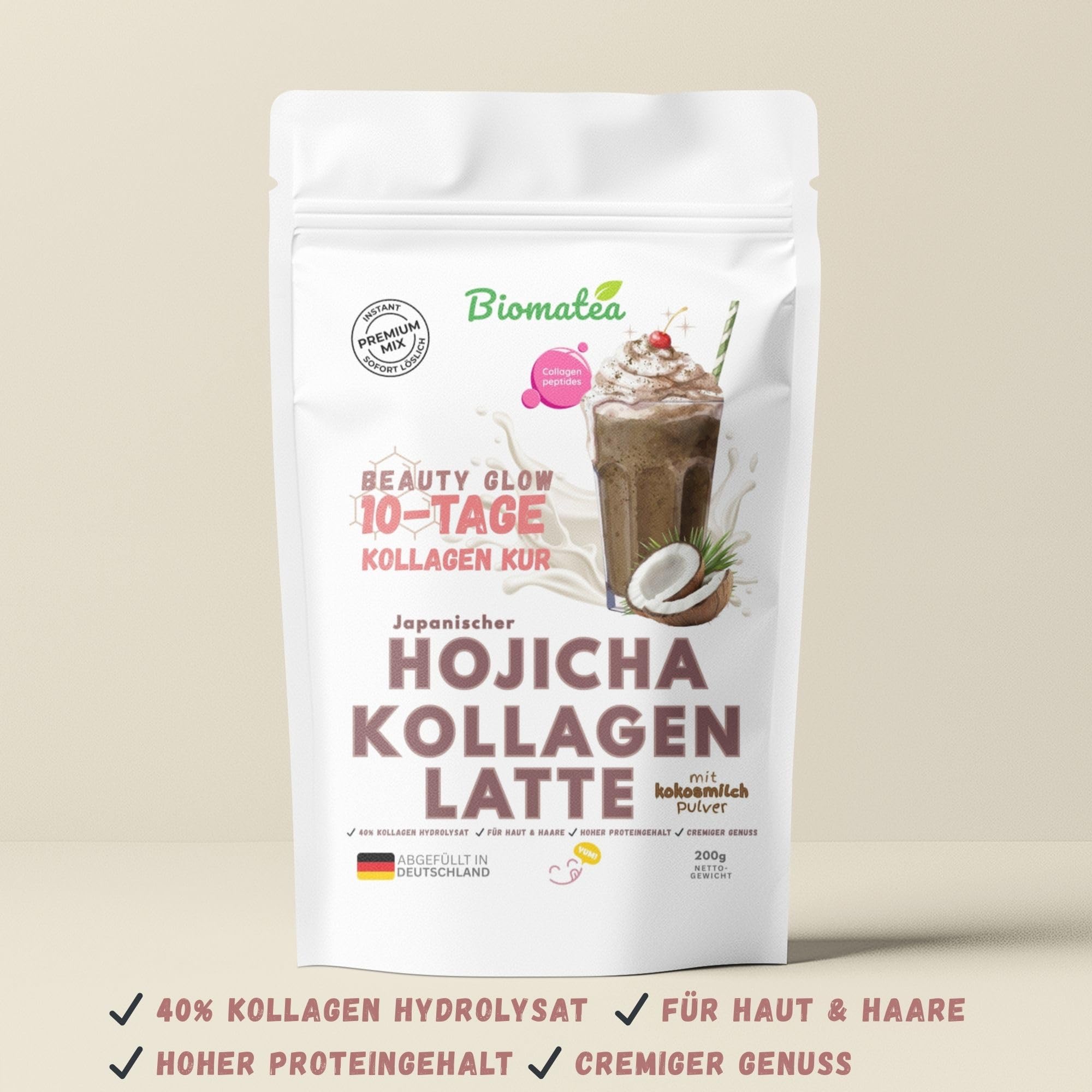 Biomatea 10-dniowy Beauty Glow kuracja – Hojicha kolagen Latte w proszku, japońska herbata palona z peptydami kolagenowymi dla promiennej skóry i jędrnych paznokci – kremowa mieszanka instant z