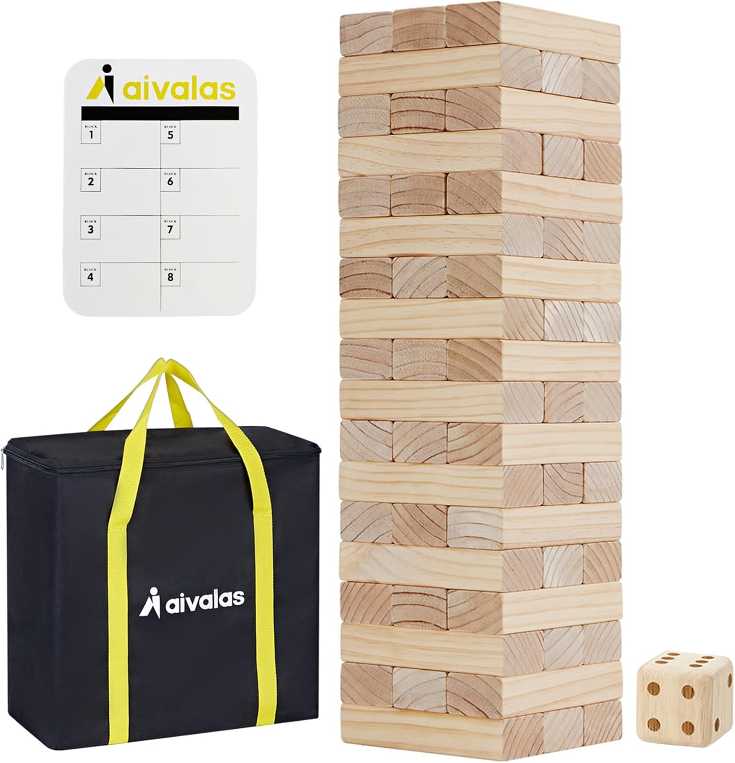 Aivalas Giant Timber Blocks Games, 57 Blocks Large Tower Outdoor Games - Includes Carry Bag and Scoreboard, Wood Stacking Yard Games Grows from 2FT to Over 4.2FT for Kids Adults Family