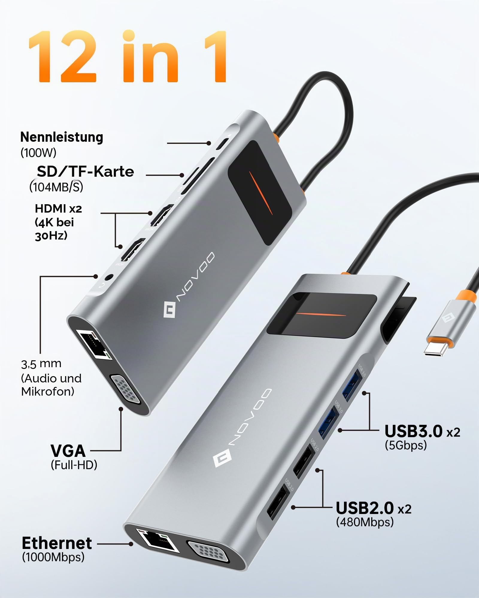 NOVOO Docking Station mit Dual-Monitor, 12-in-1 Dockingstation USB C auf Dual HDMI, VGA, 100 W PD, Ethernet RJ45, 4 USB, SD/TF USB-Hub für MacBook Pro Air Dell Lenovo