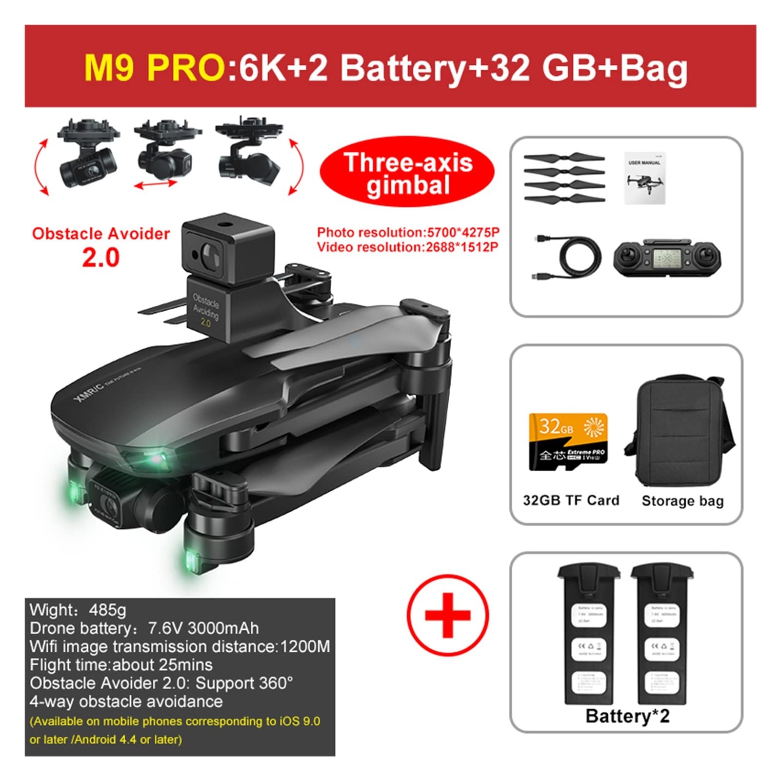 M9 PRO GPS Drony 360 ° Unikanie przeszkód 3- Gimbal EIS Kamera FPV Dron VS SG906MAX / PRO RC Zabawki dla dziecka dorosłego (Kolor: torba M9PRO 6K 2B 32GB)