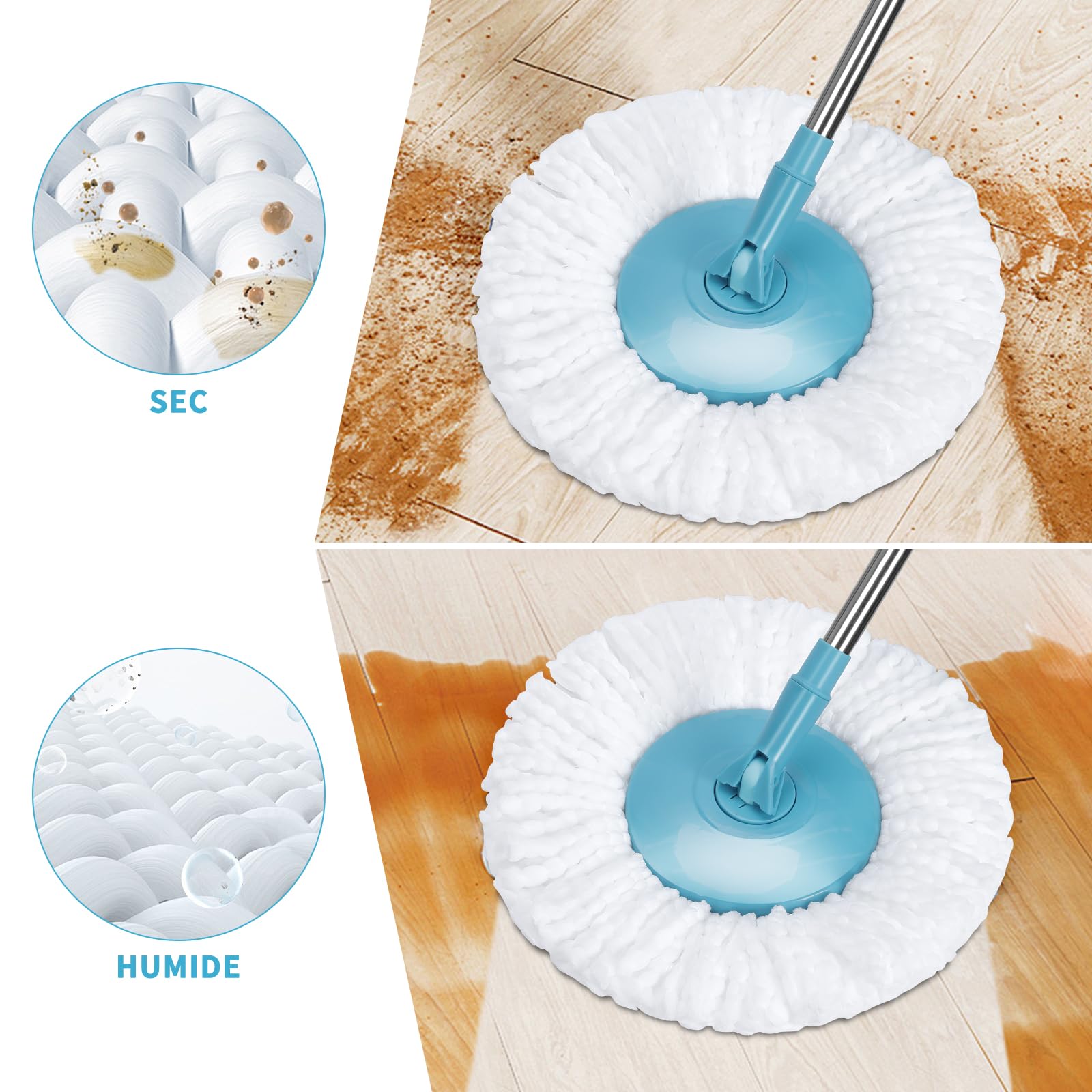 Seau Essoreur, Masthome Balai à Frange et Seau à Pédale, Seau Serpillere avec Tête de Mop Rotative à 360, Balai avec 5 Serpillères Réutilisables en Microfibre, pour Nettoyage Sols