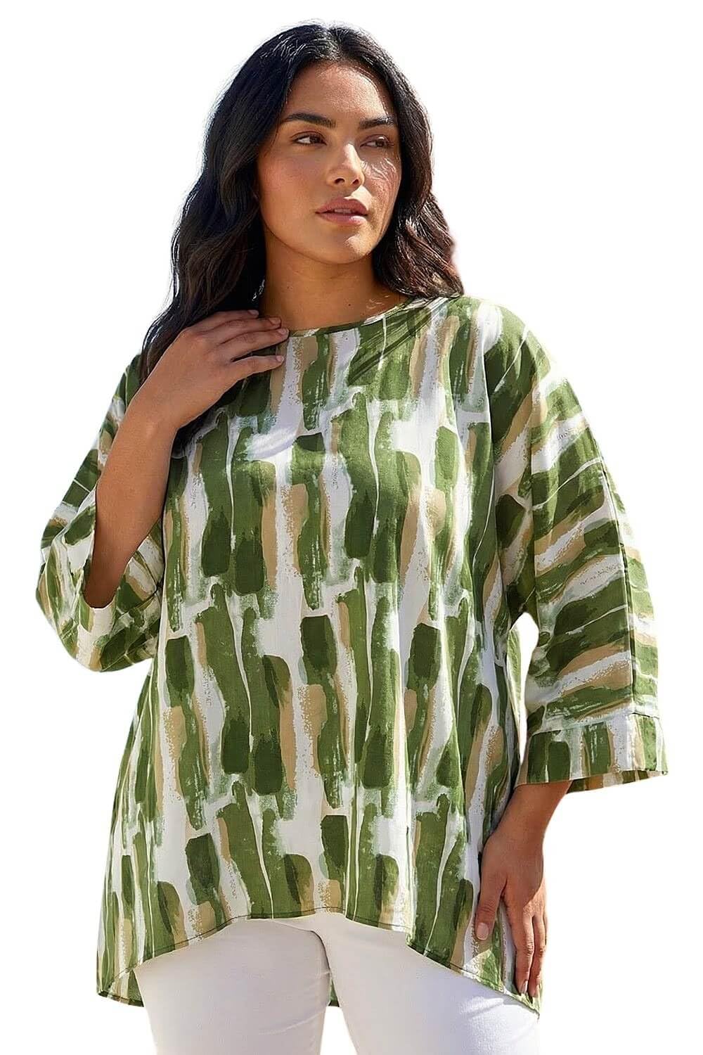 Roman Women's Green Curve Dipped Hem Abstract Print Top In | Size: 22/24
