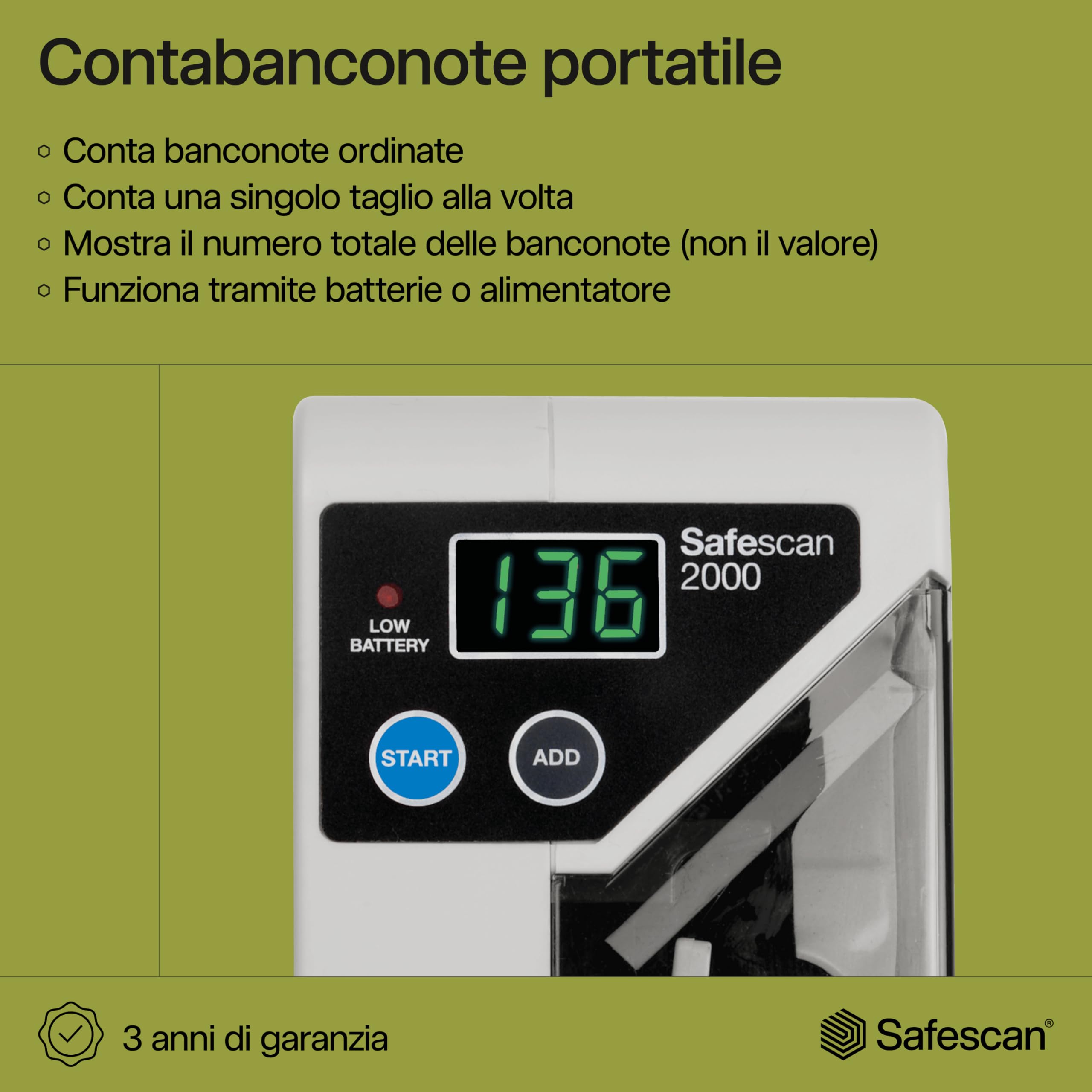 Safescan 2000 contabanconote portatile che conta banconote ordinate - Contabanconote da viaggio - Contabanconote per banconote ordinate e per tutte le valute