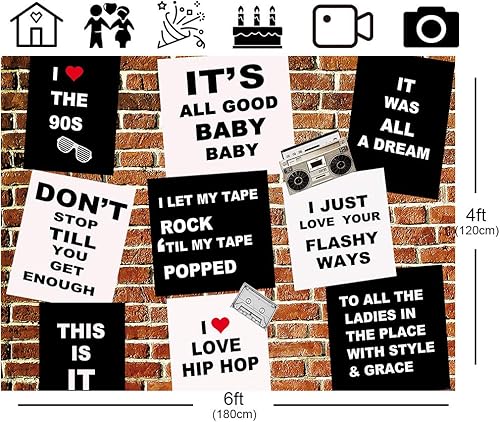 Miniatura 4 de Fondo de pared de ladrillo rojo de los años 90, tema de regreso a los 90, telón de fondo de fiesta de música, hip hop, graffiti blanco y negro,