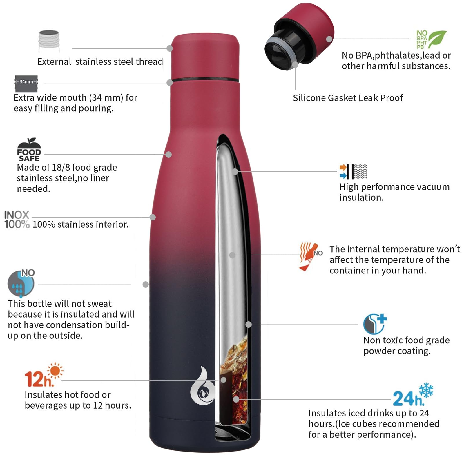 BJPKPK Botella de Agua Aislada 17oz (500 ml), Taza de Acero Inoxidable, Apta Lavavajillas, Reutilizable, Mantiene Frío y Calor, Negro Rojo Encantador