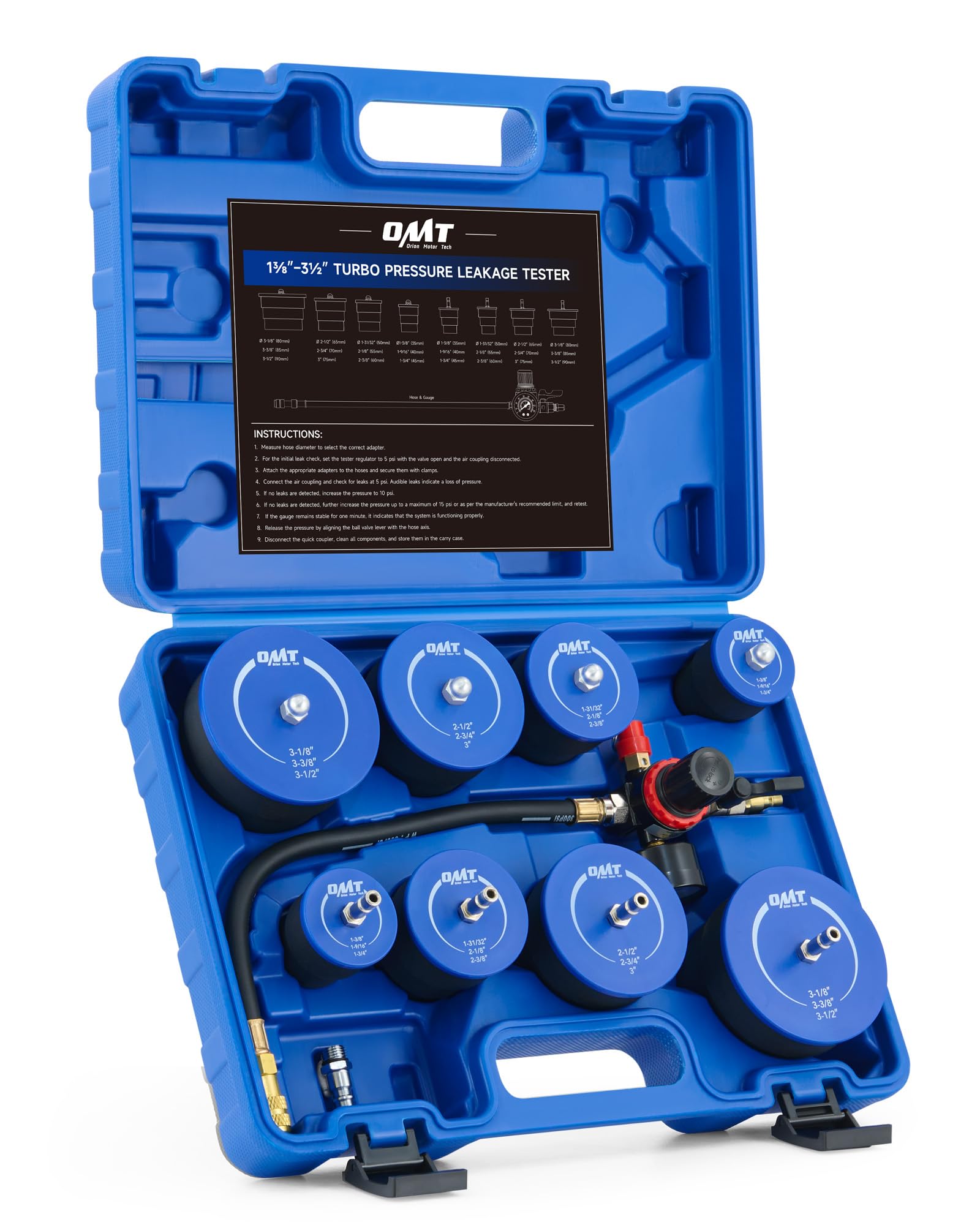 OMT Turbo System Leakage Tester Kit, 10pc Turbo Boost Leak Tester Set
