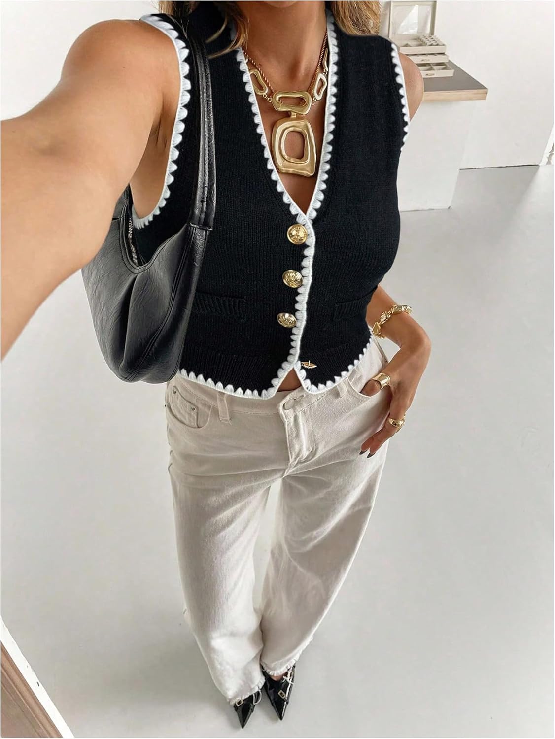 SHENHE Women's Old Money Crochet Sweater Vest Contrast Binding Button Down Knit Cardigan Black Large - Image 5