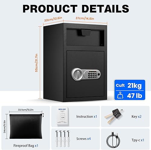 Miniatura 9 de TOTOY Caja de seguridad biométrica de 3.5 pies cúbicos para depósitos a prueba de fuego, caja de bloqueo de ranura de acero con ranura de caída,