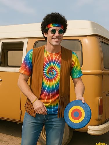 Miniatura 5 de Disfraz hippie para hombre, trajes de los años 60 y 70, accesorios de teñido anudado, conjunto de camisa con flecos, chaleco de carnaval, peluca de