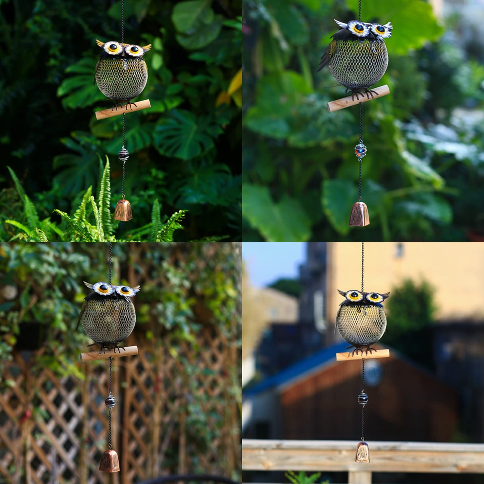 wtreew Solar Owl Bird Feeder Squirrel Proof for Outside - Unique Cute Metal Animal Shaped Wild Bird Feeder with Solar Light, Wind Chime, Gift for Bird Lovers(Owl)