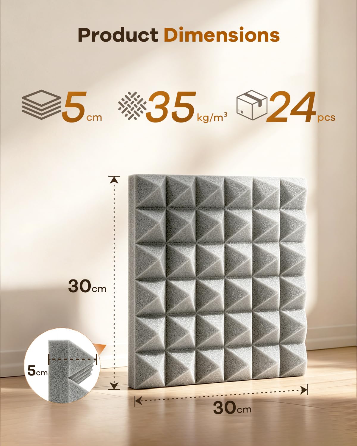 Pannelli fonoassorbenti in schiuma, 30 x 30 x 5 cm, autoadesivi, ad alta densità, per assorbimento acustico e controllo dell'eco, confezione da 24 pezzi, grigio
