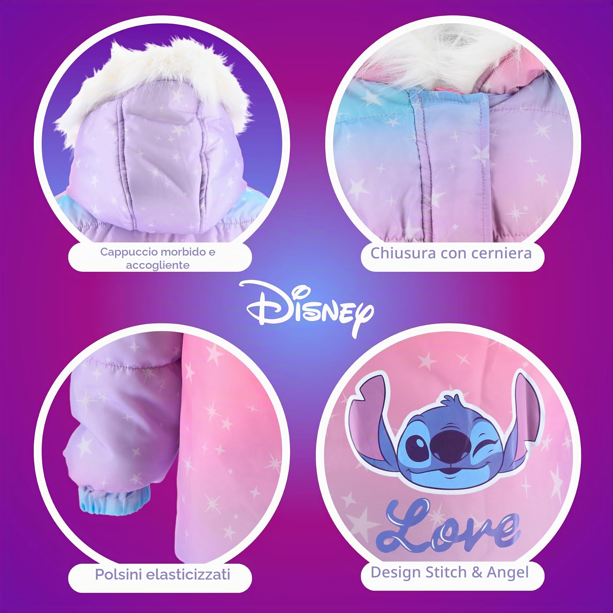 Disney Stitch Giacca per Ragazze, Caldo e Morbido Giubbotto Piumino Invernale, Cappotto con Cappuccio per Bambina, Taglie 3 a 8 Anni