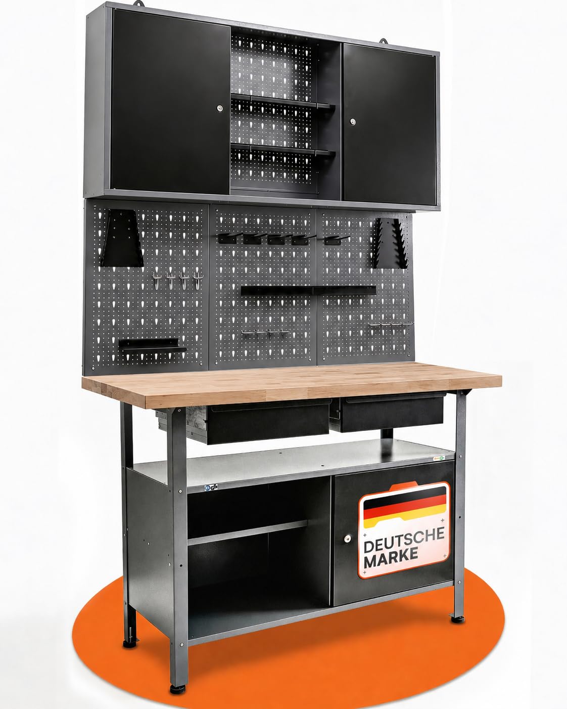 Ondis24 Werkstatteinrichtung Werkstatt Set Werkbank Fritz Hängeschrank Werkzeugwand Metall Schwarz Grau (Hängeschrank Kurt, 120 cm), mit Buchenholzplatte