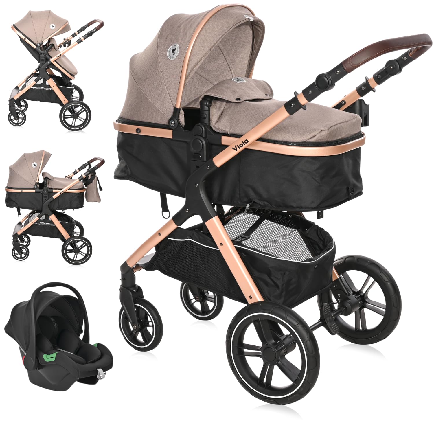 Lorelli Viola Kinderwagen 3 in 1 mit Babyschale, Babywanne umwandelbar in Sportsitz, Baby Kombikinderwagen bis 22kg, Zusammenklappbar, Große Gummireifen, Großer Einkaufskorb, Fußsack, Beige