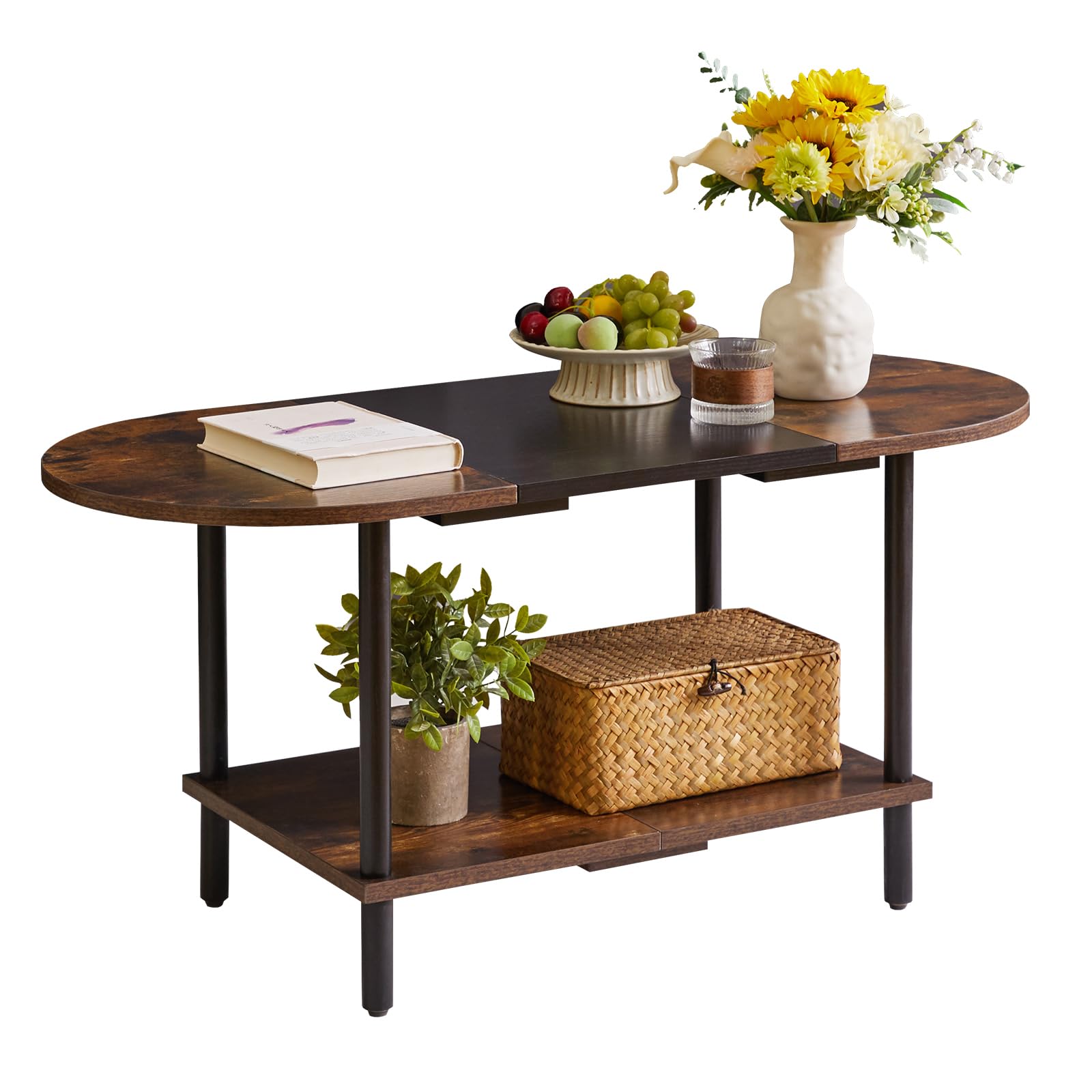 Aibiju Coffee Table, Oval Center Table, Industrial Side Tea Table for Living Room Home Furniture, 35x16x17inch Modern Style, Rustic Brown+ Black+ Black Legs, YD-011BH