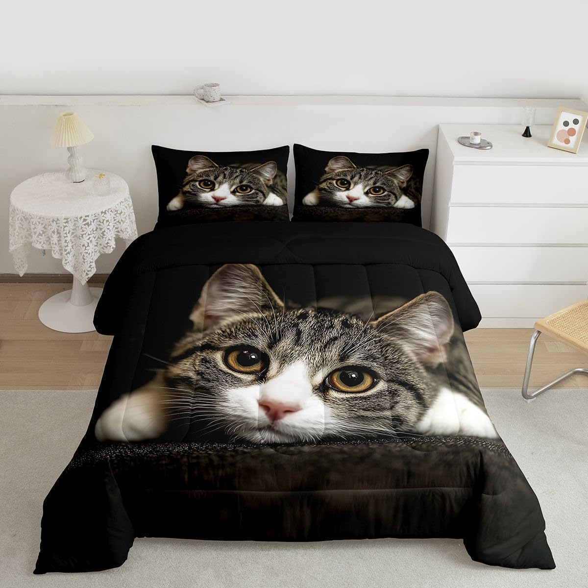 Feelyou Cats Comforter Set 3D Animals Pattern Bedding Set for Kids Boys Girls Pet Cat Kitten Decor Comforter Brown Grey Quilt Set Room 2Pcs Twin Size