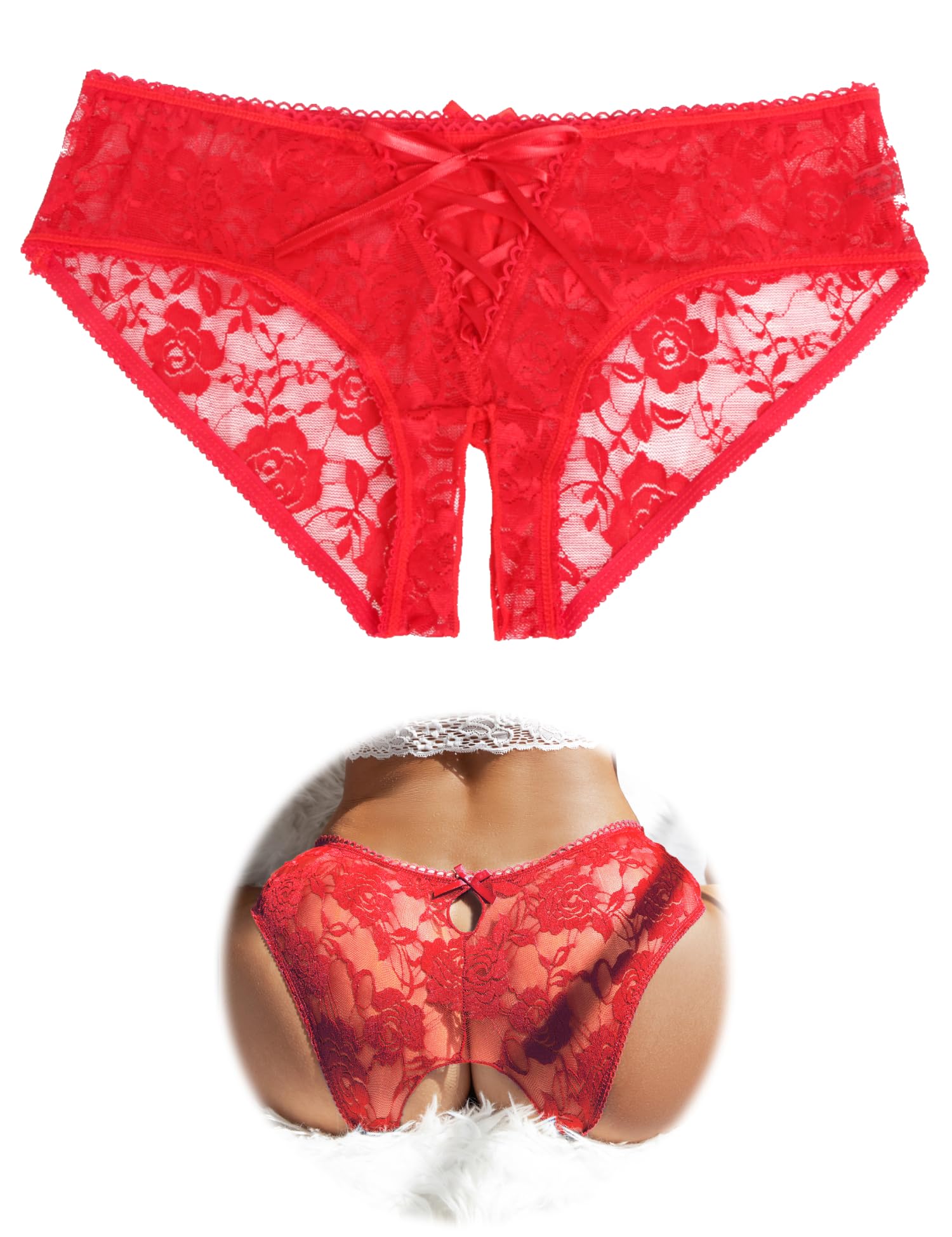 ohmydear Womens Lace Boyshorts Crotchless Sexy Panties Crisscross Strappy Underwear Plus Size Hipster Briefs XS-4XL