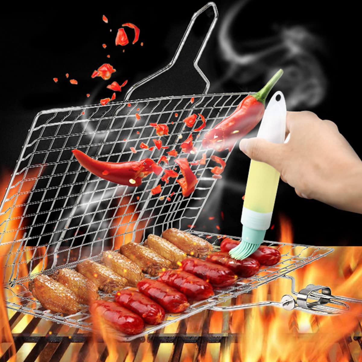 Griglia Pieghevole per Barbecue, Cestello per Grigliare Barbecue in Acciaio Inox 304, Anti-Aderente Griglia per Pesce BBQ con Manico, per Grigliate di Salsicce, Pesce, Verdure(Quadrato)