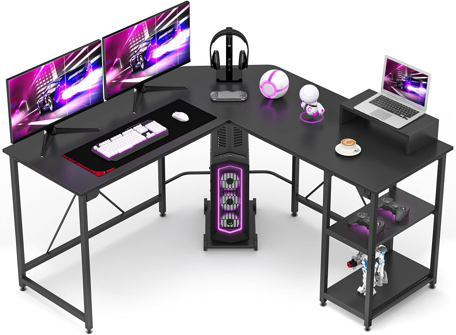 GIKPAL Desk with Drawer, Home Gaming Desk, Office Writing Workstation with Storage Shelves, Space-Saving, White