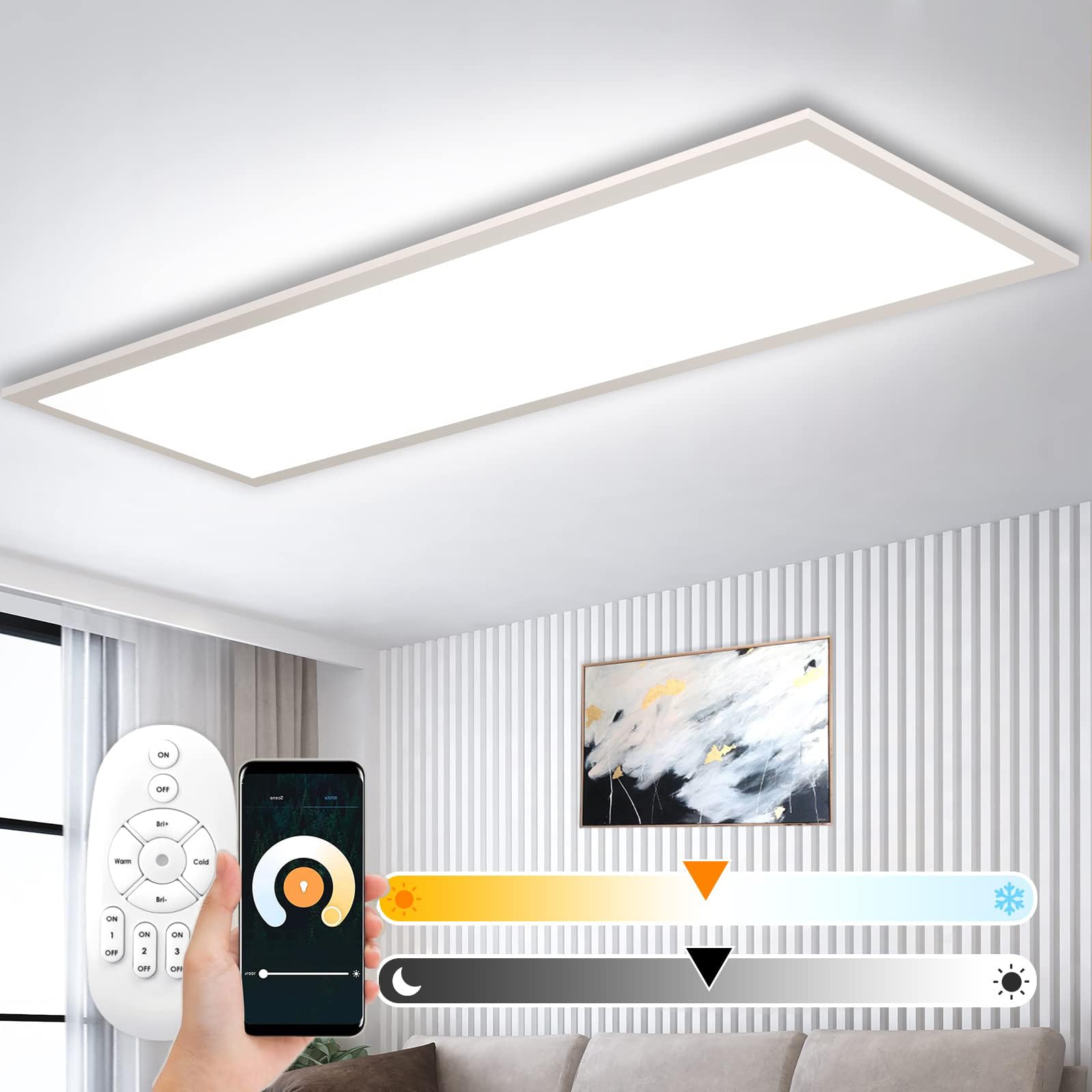 Dimmbare LED Deckenleuchte 120x30 cm mit WIFI TUYA, 40W Superhelle Flach Panellampe mit APP & Fernbedienung, 2700K - 6500K Intelligente Beleuchtung für Büro, Wohnzimmer, Küche, Garage, Babyzimmer