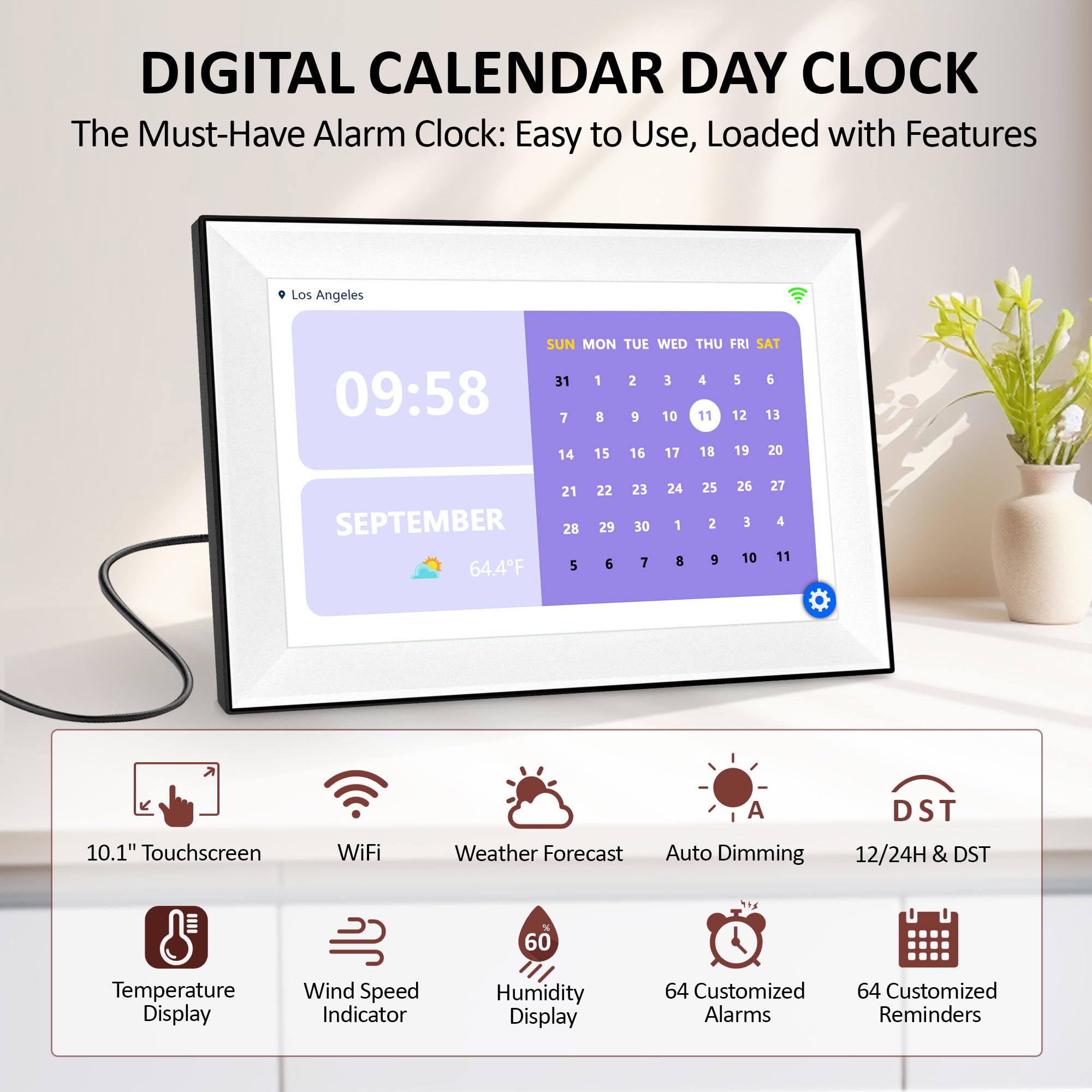 Cyfrowy budzik WiFi 10,1 cala dla seniorów, duży wyświetlacz z inteligentnym ekranem dotykowym dnia / daty, kalendarz elektroniczny, 64 alarmy, 64 przypomnienia, budzik dla osób starszych