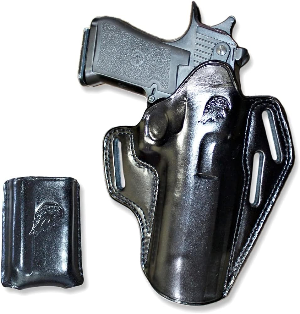 Premium The Ultimate Leather Pancake OWB Belt Holster Open Top Including Single Magazine Pouch for Desert Eagle, Fits All CALIBERS with 6'' Barrel, Right Hand Draw, Black Color #1089#