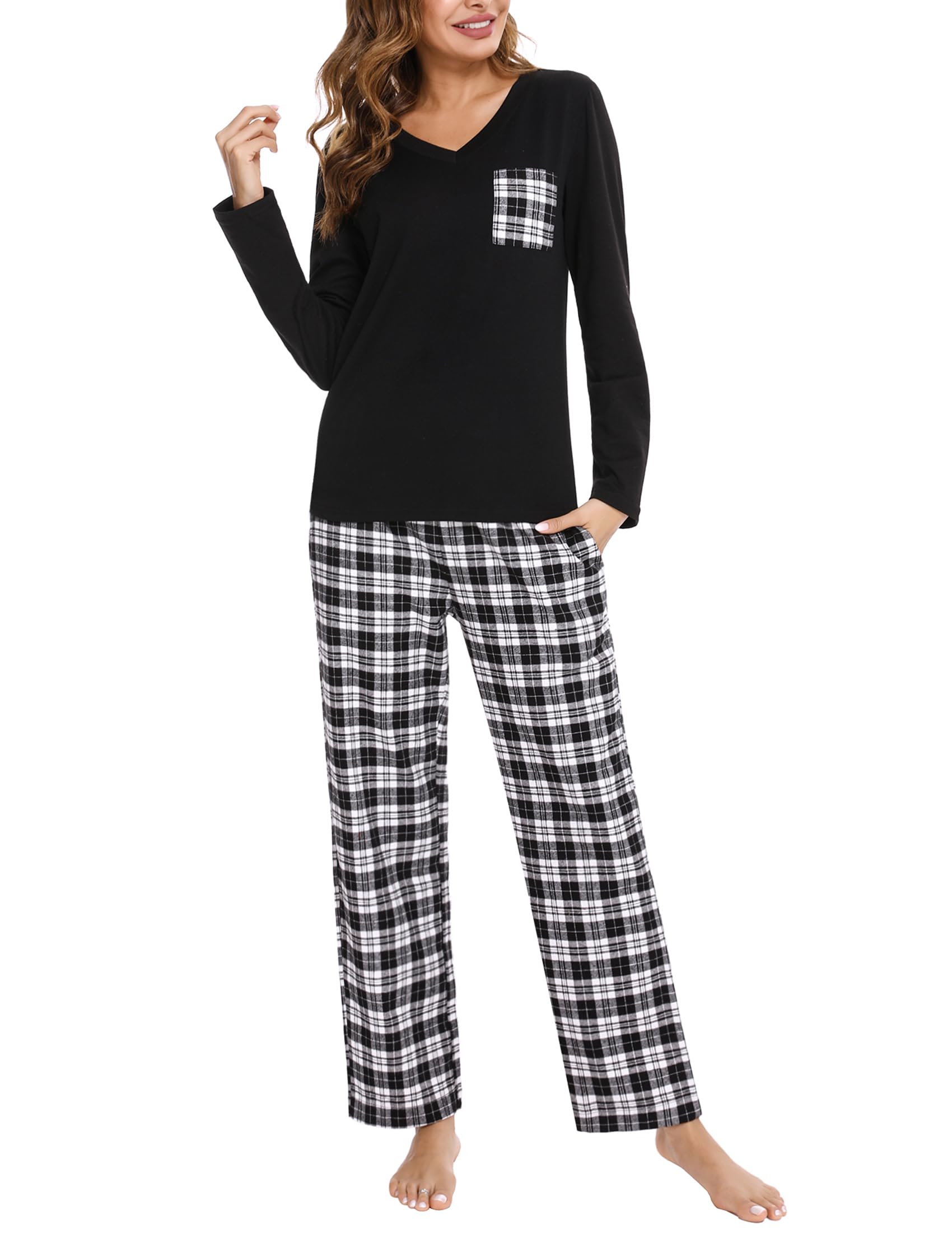 iClosam Pigiama Cotone Donna Invernale a Quadri Due Pezzi Pigiami Lungo con Tasche Laterali Comodo Casual per la Casa S-XXL