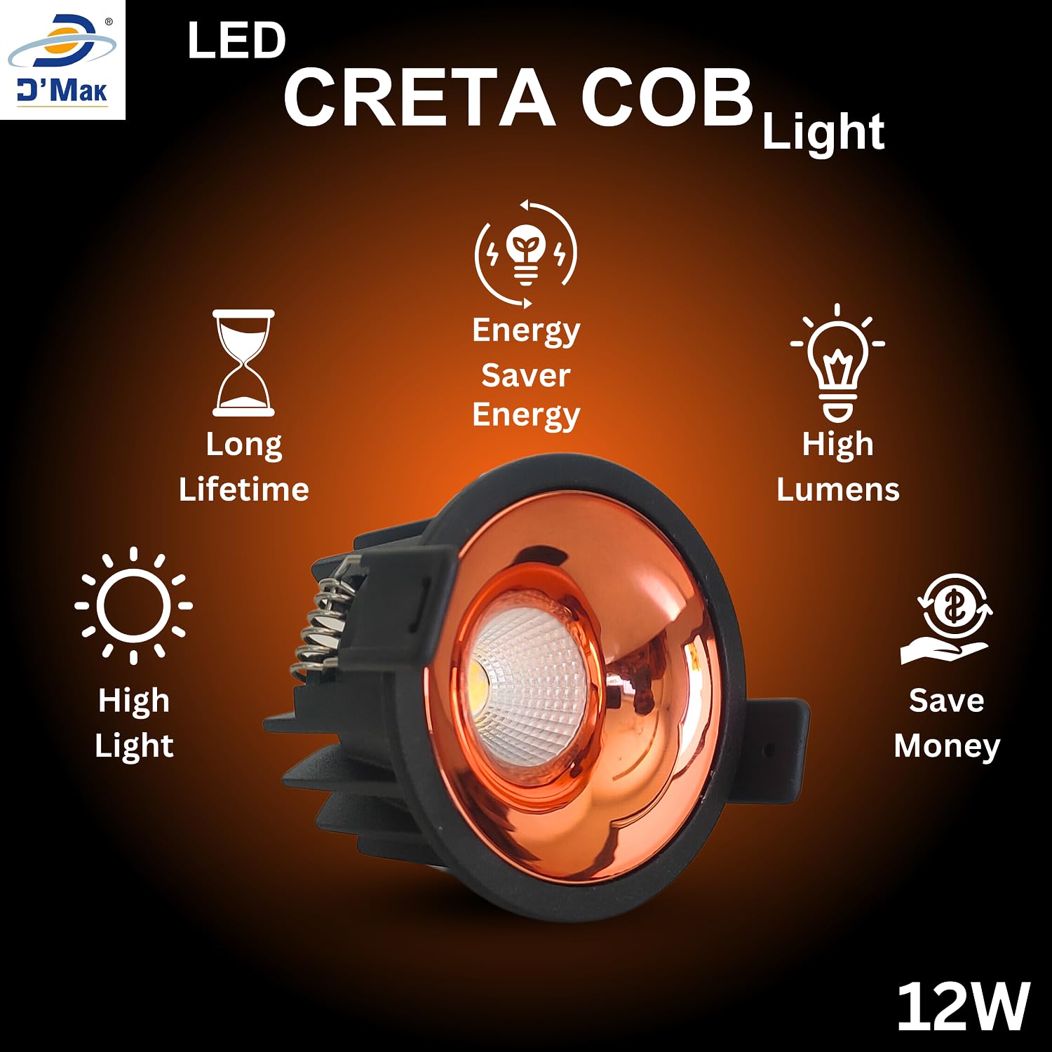 D'Mak12W Black Body LED COB Spot Light with Rose Gold Reflector (White, 8) 3