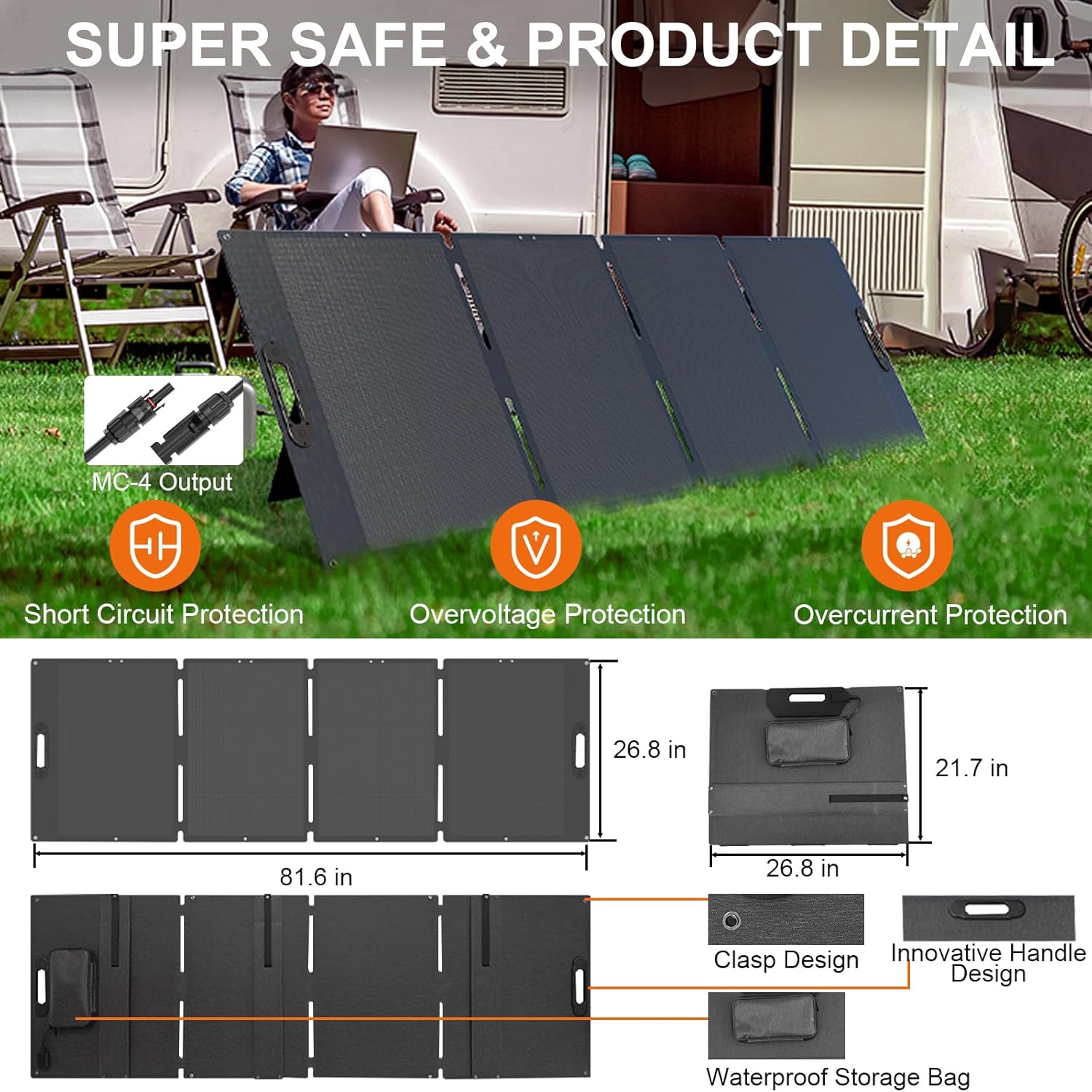 200 Watt Portable Solar Panel for Power Station, Foldable Solar Panel Solar Charger IP65 Waterproof, 200W Solar Panel Power Backup w/3 Kickstands MC4 Cable for Camping RV Blackout Off Grid Outdoor