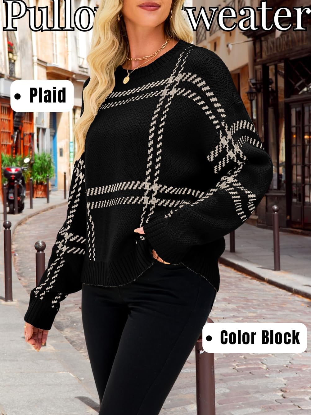 Checkered Pullover Sweaters, Crew Neck Long Sleeve, Fall Clothing, Lightweight Sweater for Women Striped Plaid - Image 4