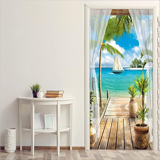 FLFK 3D Blue Sky White Clouds Door Stickers Peel and Stick Coconut Tree Door Wraps Wall Murals Self-Adhesive Wallpaper for Bedroom Living Room Decor 30.3"x78.7"