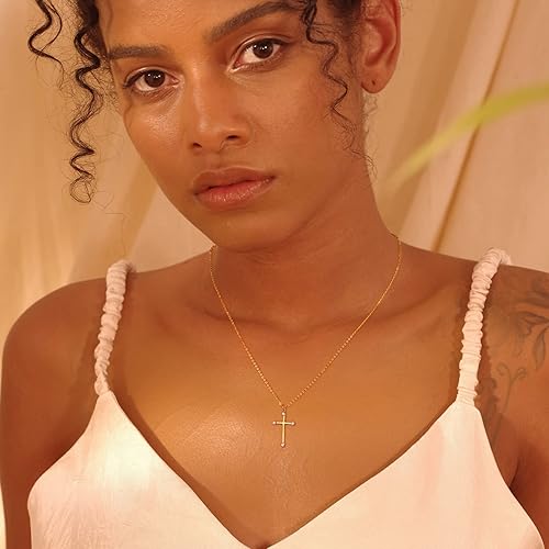 Miniatura 3 de Fettero Collar con dije de cruz para mujer, chapado en oro de 14 quilates, collar de cadena ajustable, delicado collar de fe simple, collar con